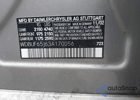 2003 Mercedes-Benz E 320 из США, поврежденный, VIN WDBUF65J63A170056